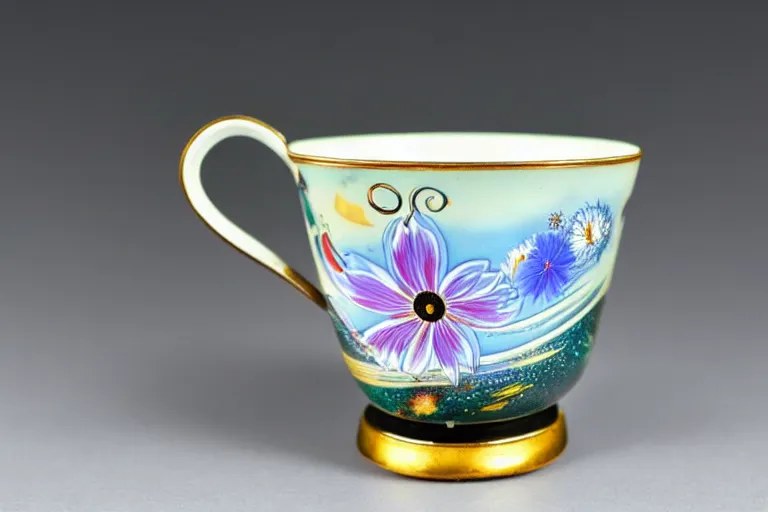 Image similar to vintage enameled cup of tea filled with starry cosmos By Salvador Dali