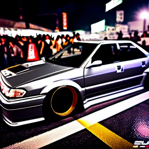 Image similar to a car JZX100 twin turbo drift at illegal car meet, Shibuya prefecture, city midnight mist lights, cinematic lighting, photorealistic, highly detailed wheels, high detail