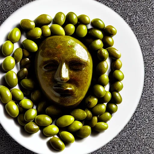 Image similar to marinated olive with a human face. highly detailed. hyper real photo. 4 k.