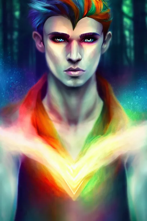 Image similar to a human elemental sorcerer, forest setting, colorful magic, male, white skin, portrait, young, sharp focus, concept art, dynamic lighting, by emylie boivin