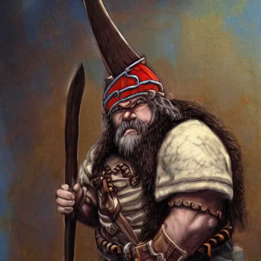 Image similar to a gnome barbarian with a brown beard and a battle axe, by Gerald Brom, realistic, detailed, trending on art station