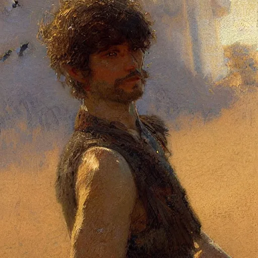 Image similar to a man with a textured crop with heavy fringe haircut, painting by Gaston Bussiere, Craig Mullins