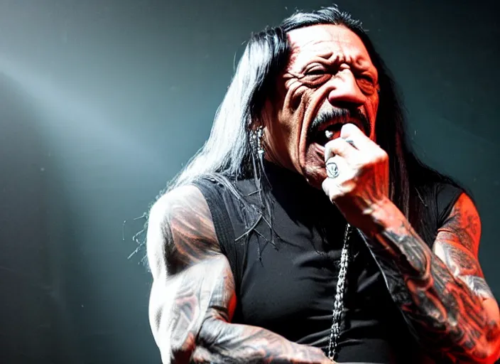 Prompt: publicity photo still of danny trejo in cradle of filth playing live on stage, 8 k, live concert lighting, mid shot