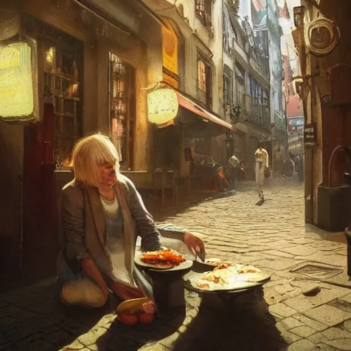 Image similar to a blonde woman & Michael mcintyre searching for food in Porto, greg rutkowski