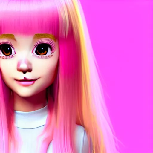 Image similar to A portrait of Nikki from Shining Nikki and Love Nikki, a cute 3d cgi toon young woman with long light pink hair, full bangs, hazel eyes, full round face, light makeup, pale skin, Chinese heritage, medium shot, mid-shot, hyperdetailed, 8k, trending on artstation, as a Pixar character