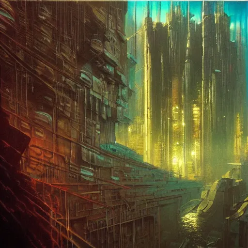 Image similar to giant underwater cityscape, cyberpunk 2 0 7 7 and beksinski art style, highly detailed 7 0 s scifi painting