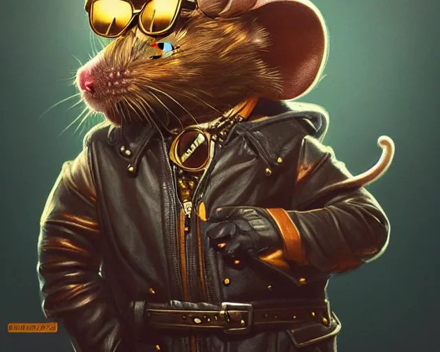 Prompt: a mouse wearing sunglasses and a leather jacket, photography of kurzgesagt, deep focus, d & d, fantasy, intricate, elegant, highly detailed, digital painting, artstation, concept art, matte, sharp focus, illustration, hearthstone, art by artgerm and greg rutkowski and alphonse mucha