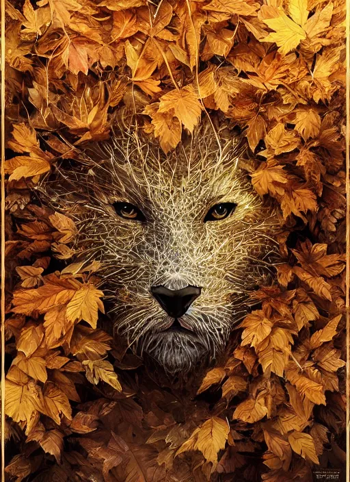 Image similar to golden leaves at frame border, creative!!! composition for a book cover, absurdly beautiful, ultrafine hyperrealistic detailed animal face by wlop and artgerm and greg rutkowski, intricate linework, sharp focus, smooth, octopath traveler, final fantasy, unreal engine, dramatic lighting, ethereal, 8 k