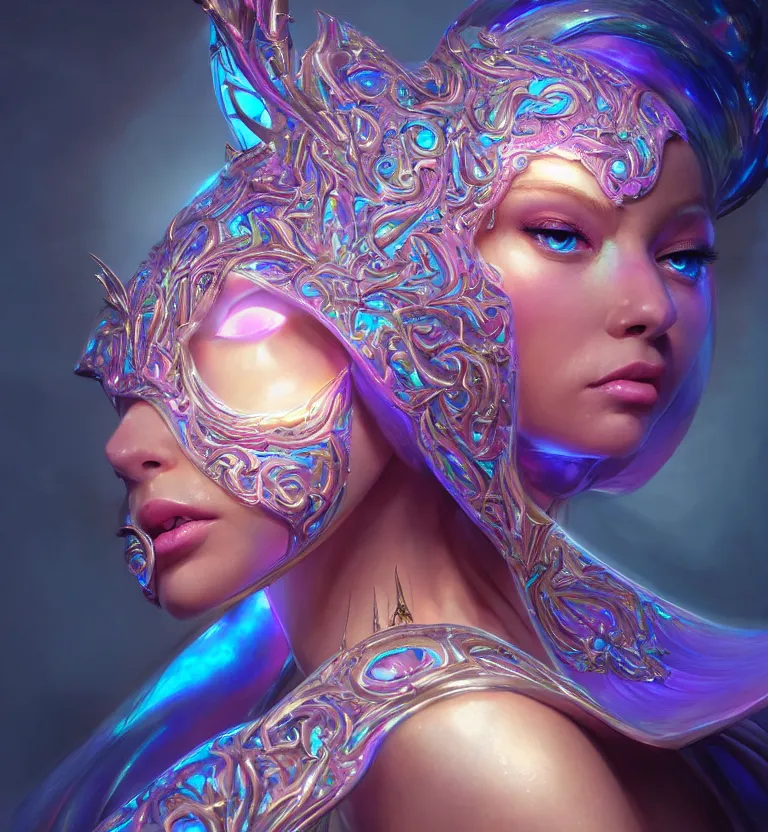 Prompt: iridescent close-up portrait of a beautiful princess in robe. biomechanical mask. bio luminescent biomechanical halo around head. artwork by jarold Sng by artgerm, by Eddie Mendoza, by Peter mohrbacher by tooth wu, unreal engine, octane render, cinematic light, high details, iridescent colors, dichroic, macro, 4l