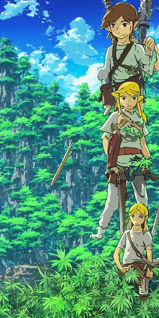 Image similar to epic cannabis tree forest, link and zelda high af smoking blunt, vivid tones, wide angle, by miyazaki, nausicaa, studio ghibli, breath of the wild