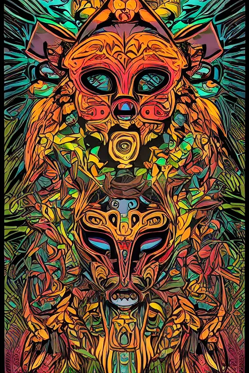 Image similar to animal mask totem roots flower tribal feather gemstone plant wood rock shaman vodoo video game vector cutout illustration vivid multicolor borderlands comics by josan gonzales and dan mumford radiating a glowing aura