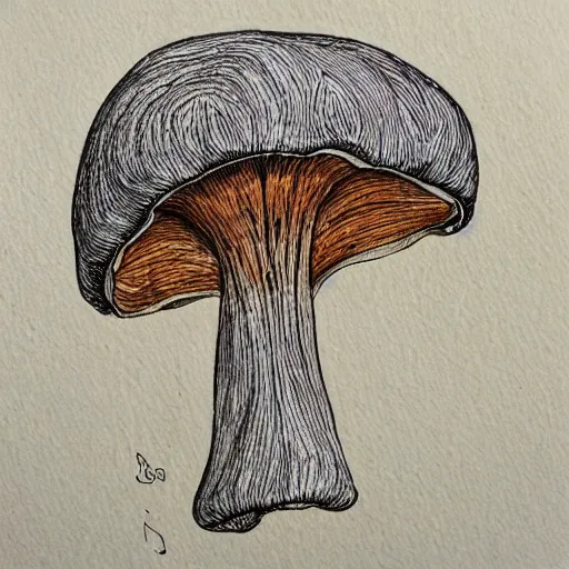 Prompt: chanterelle mushroom, pen and ink drawing, drawn by hand, cozy, natural colors, textured paper