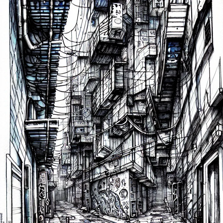 Image similar to an absurdly-detailed cyberpunk alleyway watercolor-calligraphy-pen drawing. Sea-life in a submerged-city.