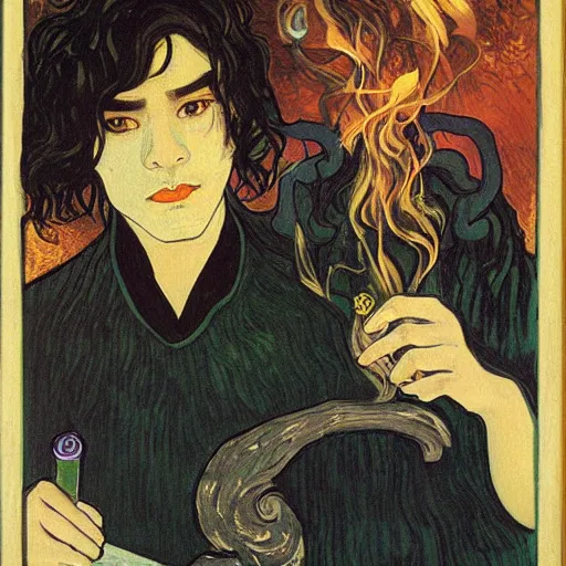 Image similar to painting of young cute handsome beautiful dark medium wavy hair man in his 2 0 s named shadow taehyung and cute handsome beautiful min - jun together at the halloween party, bubbling cauldron, candles, smoke, tarot, autumn colors, elegant, stylized, soft facial features, delicate facial features, art by alphonse mucha, vincent van gogh, egon schiele