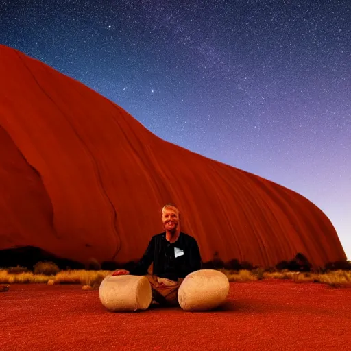 Image similar to man sitting at uluru, medicine drum, night sky, small fire, cosmic sky