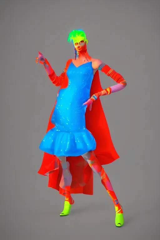 Prompt: a scene with a character wearing a super colorful fluo dress, vivienne westwood, detailed photoreal render octane render