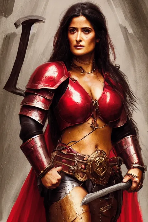 Image similar to portrait, Salma Hayek , barbarian , dressed in red leather armor, face portrait, raphael lacoste, eddie mendoza, alex ross, concept art, matte painting, highly detailed, rule of thirds, dynamic lighting, cinematic, detailed, denoised, centred