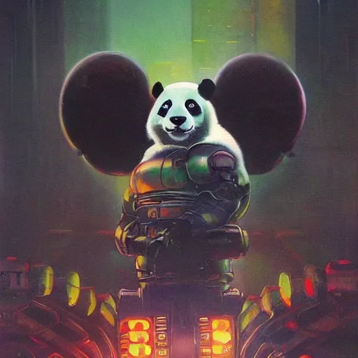 Prompt: a panda mecha, reflective detailed textures. glowing colorful fog, dark background. highly detailed fantasy science fiction painting by moebius, norman rockwell, frank frazetta, and syd mead. rich colors, high contrast. trending on artstation
