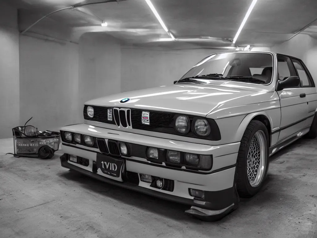 Image similar to a modified bmw e 3 0 with lights on in a futuristic neon parking garage, 3 5 mm photography, car photography, clean lines, realistic