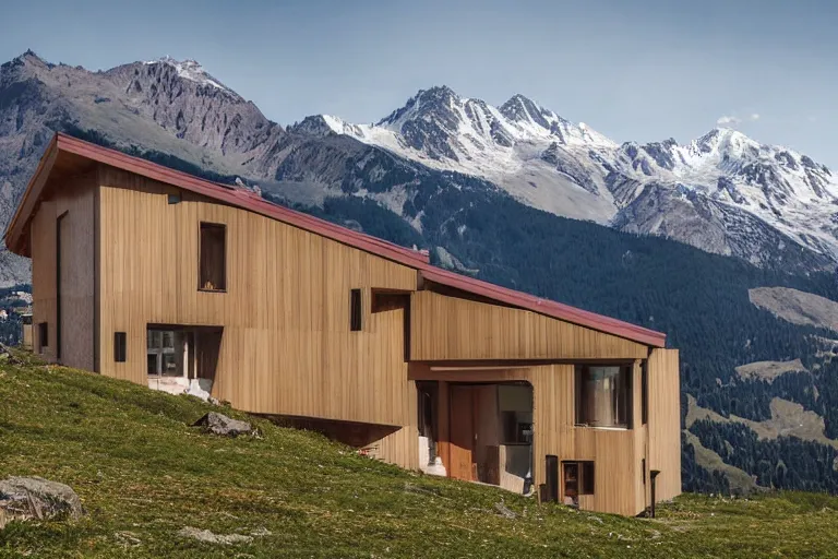 Image similar to architecture photo modern fachwerk house cottage settlement with Elbrus mountain on the background, architecture, high-tech technology, futuristic ecocity, photorealism 8k , high details