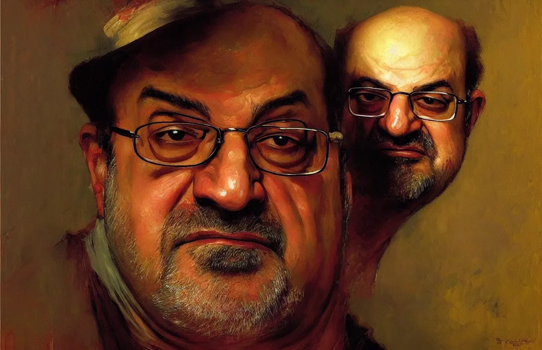 Image similar to portrait of salman rushdie!!!!!!!!!!!!!!!!!!!!!!!!!!!, detailed face, detailed painting, epic lighting, by ilya repin, phil hale and kent williams