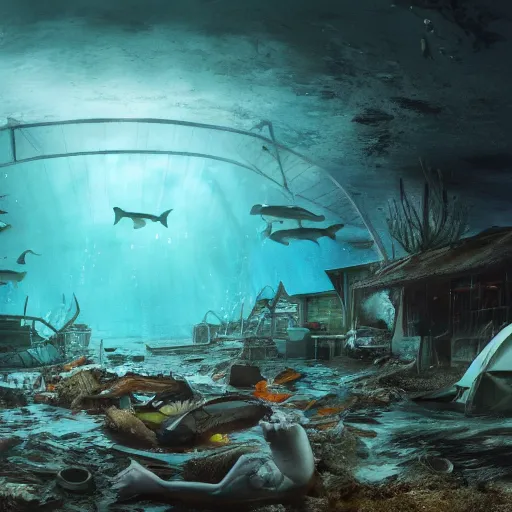 Image similar to An abandoned camp site under water, horror, sharks, hyper detailed, dramatic lighting, CGsociety, realistic, hyper detailed, insane details, intricate, dramatic lighting, hypermaximalist, golden ratio, rule of thirds, octane render, weta digital, micro details, ultra wide angle, Artstation trending, 8k,