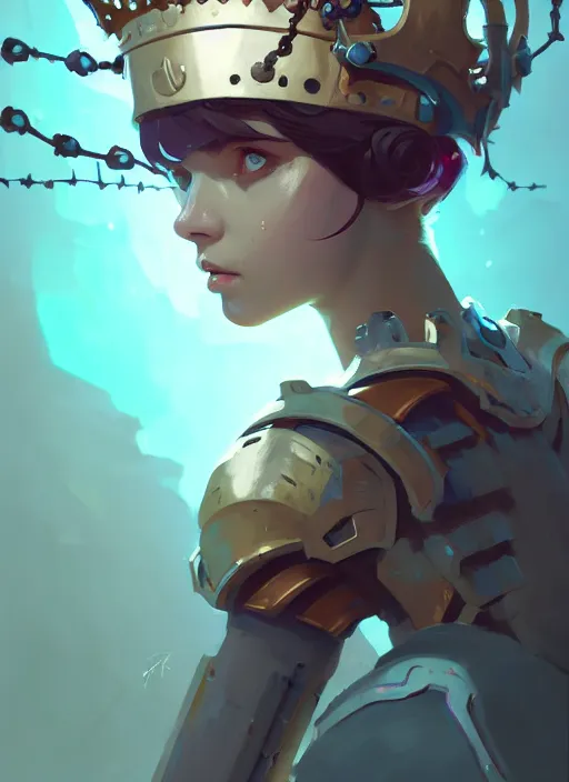 Prompt: portrait of cute maiden girl with crown of thorns in cyber armor, warhammer, cyberpunk, by atey ghailan, by greg rutkowski, by greg tocchini, by james gilleard, by joe fenton, by kaethe butcher, dynamic lighting, gradient light blue, brown, blonde cream and white color in scheme, grunge aesthetic