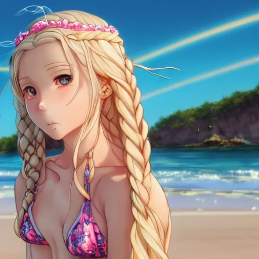 Prompt: a very beautiful anime princess, full body, long braided curly blonde hair, twisted braids, golden watery eyes, full round face, short smile, pale pink bikini, serene beach setting, cinematic lightning, medium shot, mid-shot, high detail, trending on artstation, Unreal Engine 4k by Stanley Artgerm Lau, WLOP, Rossdraws, James Jean, Andrei Riabovitchev, Marc Simonetti, and Sakimichan