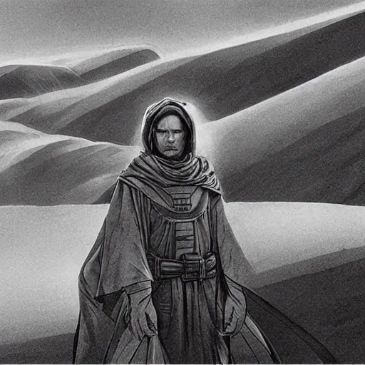 Prompt: Paul Rudd in the movie Dune, black and white matte painting, comic book