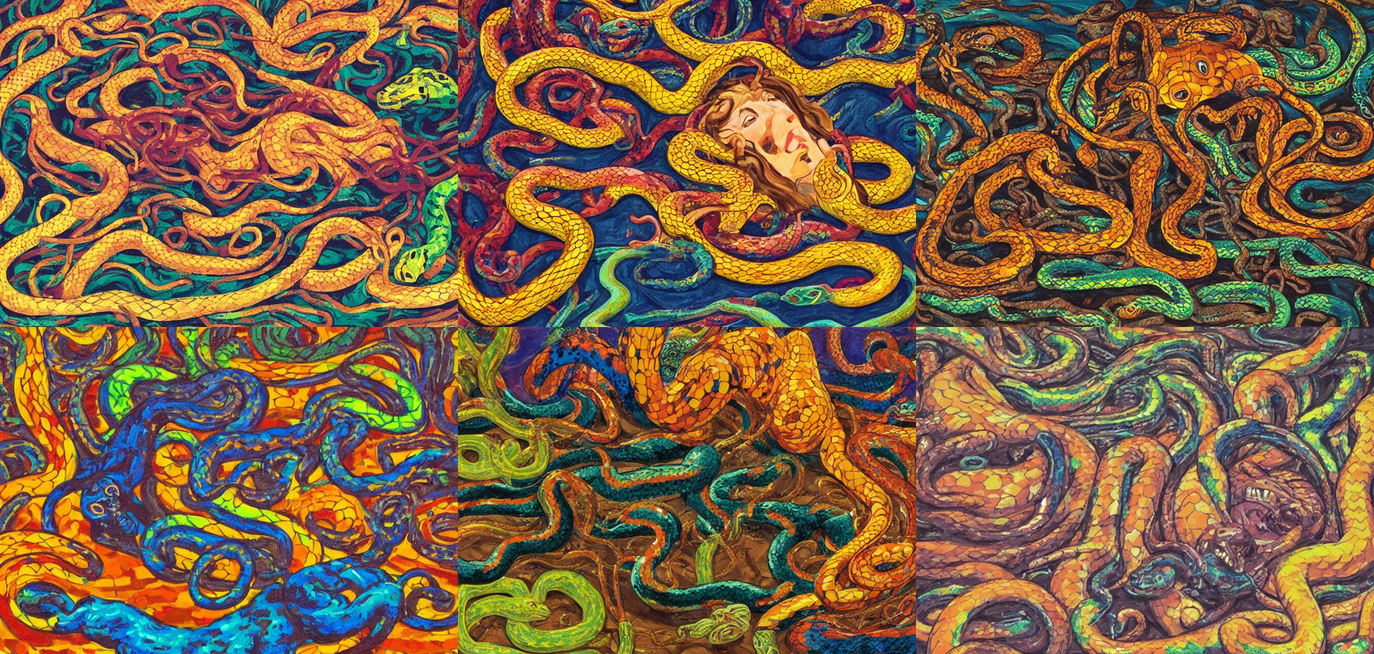 Prompt: Oil painting of the head of Medusa lying on the floor with colorful snakes around