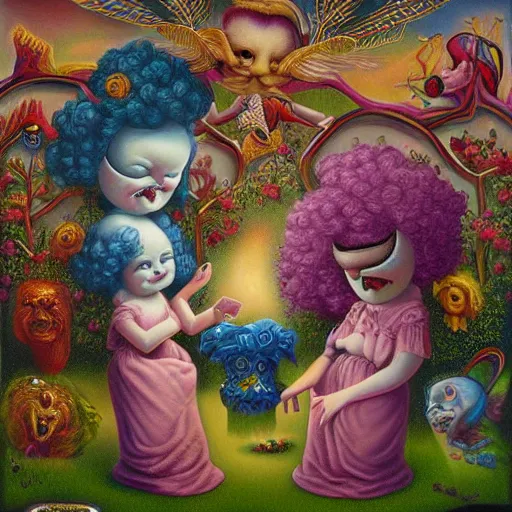 Prompt: spirits frolic painting by Mark Ryden and Todd Schorr highly detailed