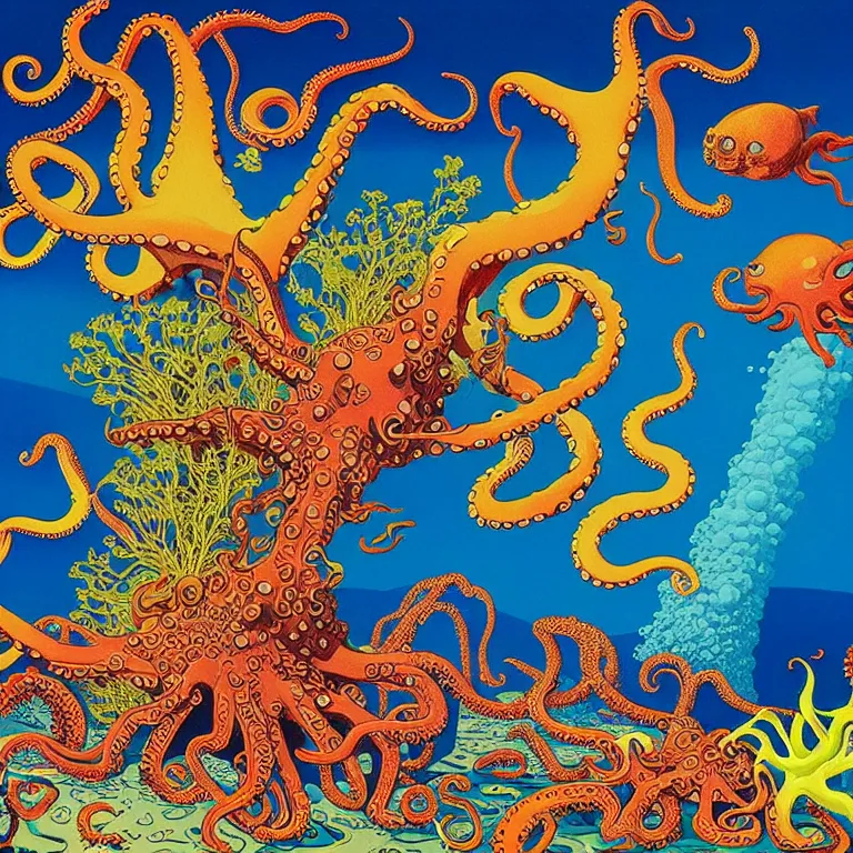 Image similar to volcanoes under the sea, octopus gripping submarine, bright neon colors, highly detailed, high resolution, cinematic, eyvind earle, tim white, philippe druillet, roger dean, lisa frank, aubrey beardsley, hiroo isono, ernst haeckel