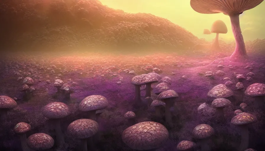 Image similar to A highly detailed digital art painting of a volatile nuclear caustic poison mushroom irradiated barren purple landscape by from software, Makoto Shinkai, by Artgerm, by beeple, volumetric lighting, octane render, 4K resolution, trending on artstation, masterpiece, vivid colours