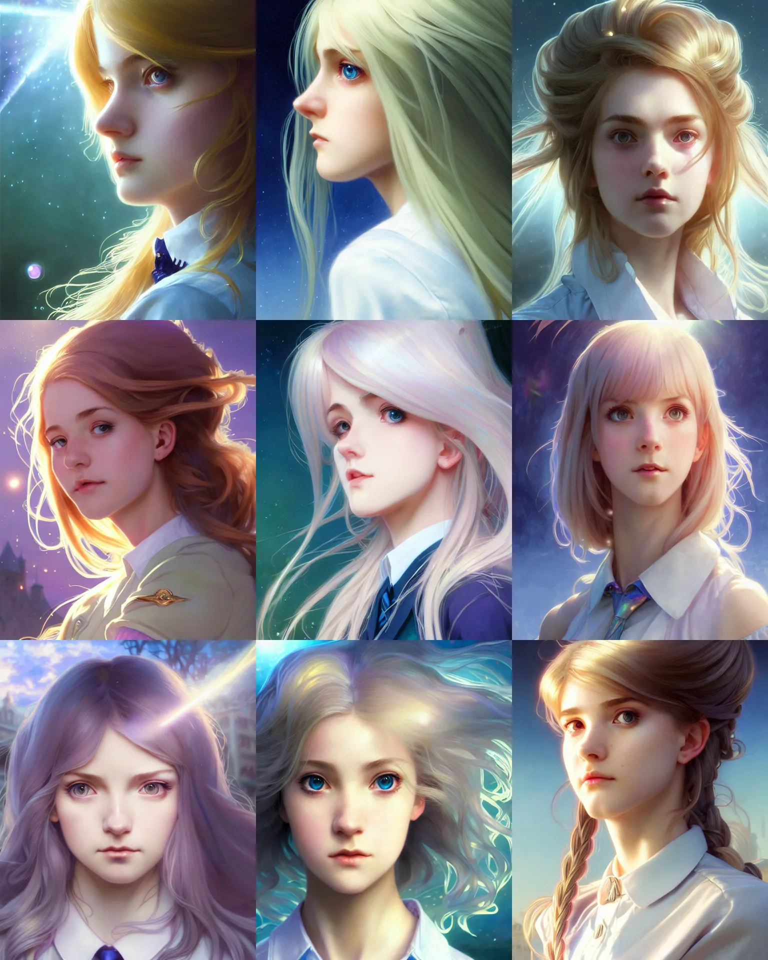 Prompt: side closeup portrait of an innocent lost college girl, magic school uniform, light - coloured iridescent hair, large messy hair style, fantasy building, intricate, sharp focus, lens flare, bloom, rim light, illustration, highly detailed, digital painting, concept art, matte, art by wlop and artgerm and greg rutkowski and alphonse mucha, masterpiece