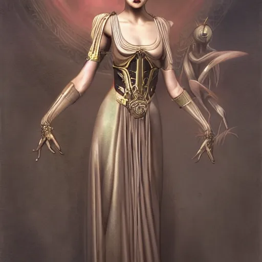 Prompt: tom bagshaw, curiosities carnival, photorealistic medium shot soft paint of a single beautiful cosplay full very tight long metallic dress ornate face, gynoid body, accurate features, focus, very intricate ultrafine details, award winning masterpiece