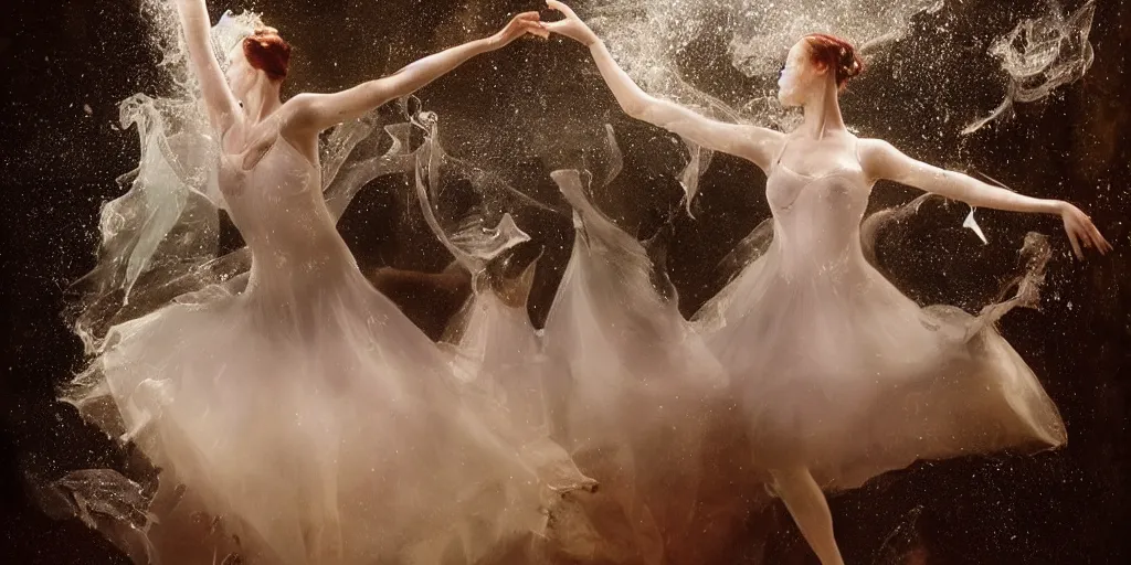 Prompt: underwater realistic photography of dancers with long gorgeous clothes , renaissance epic scene . Fluidity, elegance, beauty, in the middle of the woods, smoke in the stage. high details. by CHRISTY LEE ROGERS