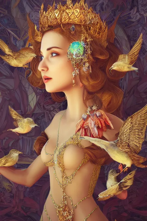 Prompt: zoom in 3 d render of english princess holding birds, fire, diamonds, ornaments, mucha vibe, dieselpunk, solarpunk, artstation, andrei riabovitchev