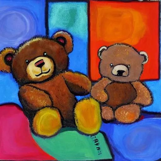 Image similar to teddy bear picnic with big macs, impressionist and abstract paint, modern art