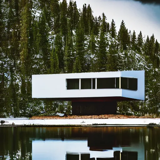 Image similar to wes anderson style modern futuristic house near the lake, snowy mountains and green forest, cinematic, realism, photo, detailed