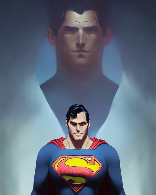 Image similar to highly detailed portrait of superman in black, stephen bliss, unreal engine, greg rutkowski, loish, rhads, beeple, makoto shinkai and lois van baarle, ilya kuvshinov, rossdraws, tom bagshaw, alphonse mucha, global illumination, detailed and intricate environment