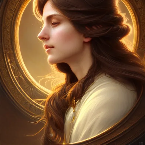 Image similar to brown haired mage medium portrait, gentle, female, city landscape, norway, d & d, fantasy, intricate, elegant, highly detailed, digital painting, brown and gold color palette, artstation, octane render, concept art, matte, sharp focus, illustration, herrarthstone, art by artgerm and greg rutkowski and alphonse mucha