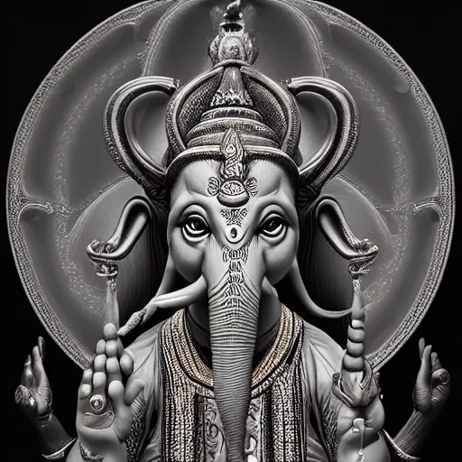 Image similar to Ultra realistic digital artwork of ganesha crossed with baphomet, biblical art style, mana art, prophetic art, ultra detailed, high coherency, DSLR HDR 8k, by Simon Wong of Artstation