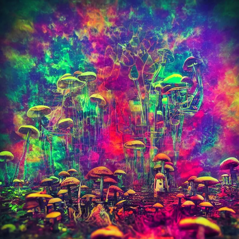 Image similar to double exposure of dally life, symbols of live, explosion, cyber mushroom city, love is the most relevant theme, love is infinity, love is begin of all, 8 k resolution, artistic mode, artistic, trending on instagram, long exposure, love art, serious, fantasy and dreams vibes, mushrooms style and macro style, colorful picture