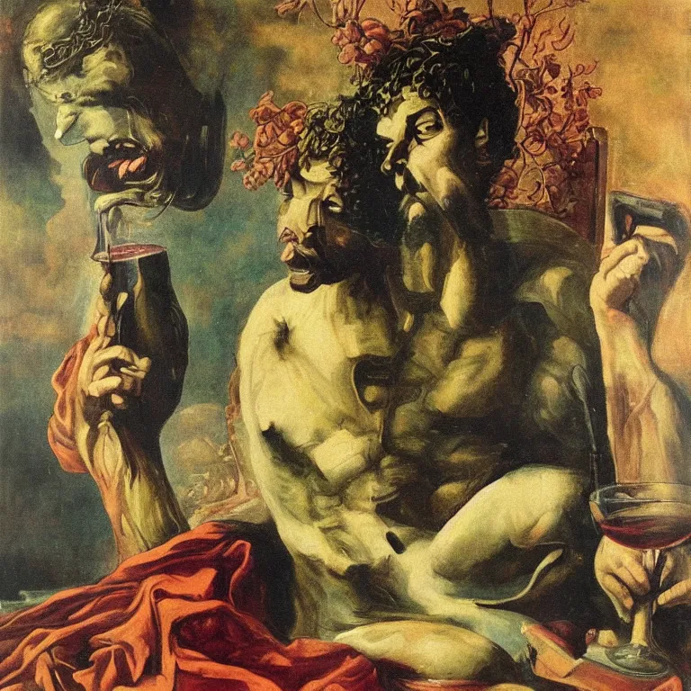Image similar to Dionysus, the Greek god of wine, drinks to forget by 20th century artist Francis Bacon painting portrait, high detail