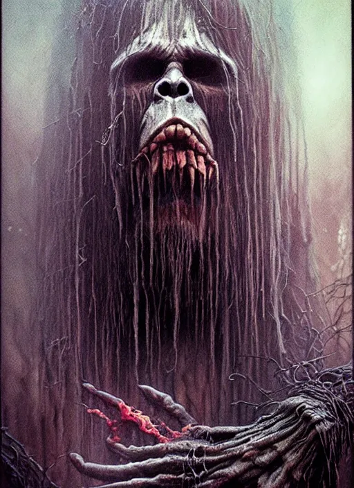 Image similar to bigfoot death tarot card, highly detailed, half skull face, cinematic, 8 k, by stanley artgermm, tom bagshaw, greg rutkowski, carne griffiths, ayami kojima, beksinski, giger, trending on deviantart, hyper detailed, horror, full of colour