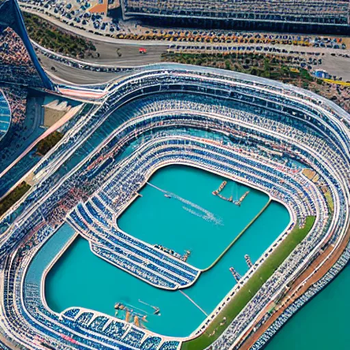 Image similar to f 1 racetrack over pools of bright blue water, birds eye view