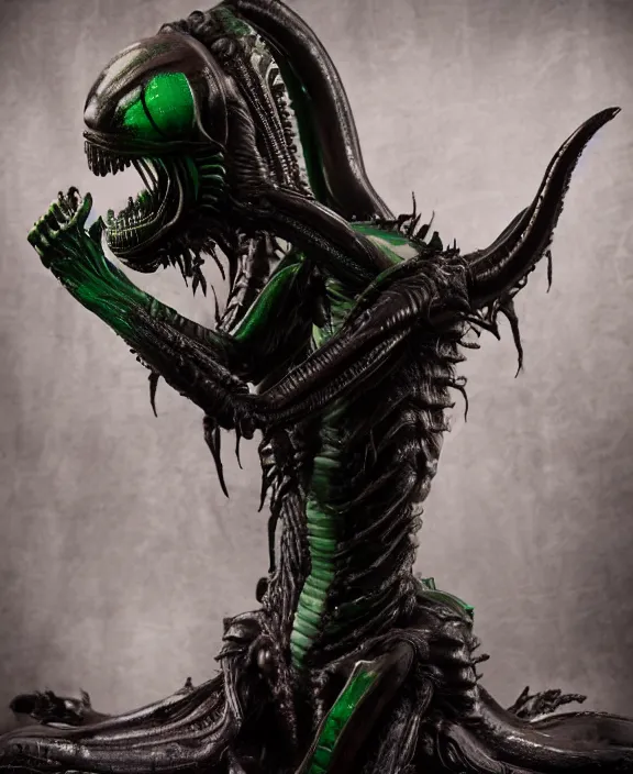 Image similar to xenomorph queen goth model hybrid, dragon eggs, dark emerald mist colors, giger background liminal void, cinematic lighting, realistic, award winning photograph, various refining methods, micro macro autofocus