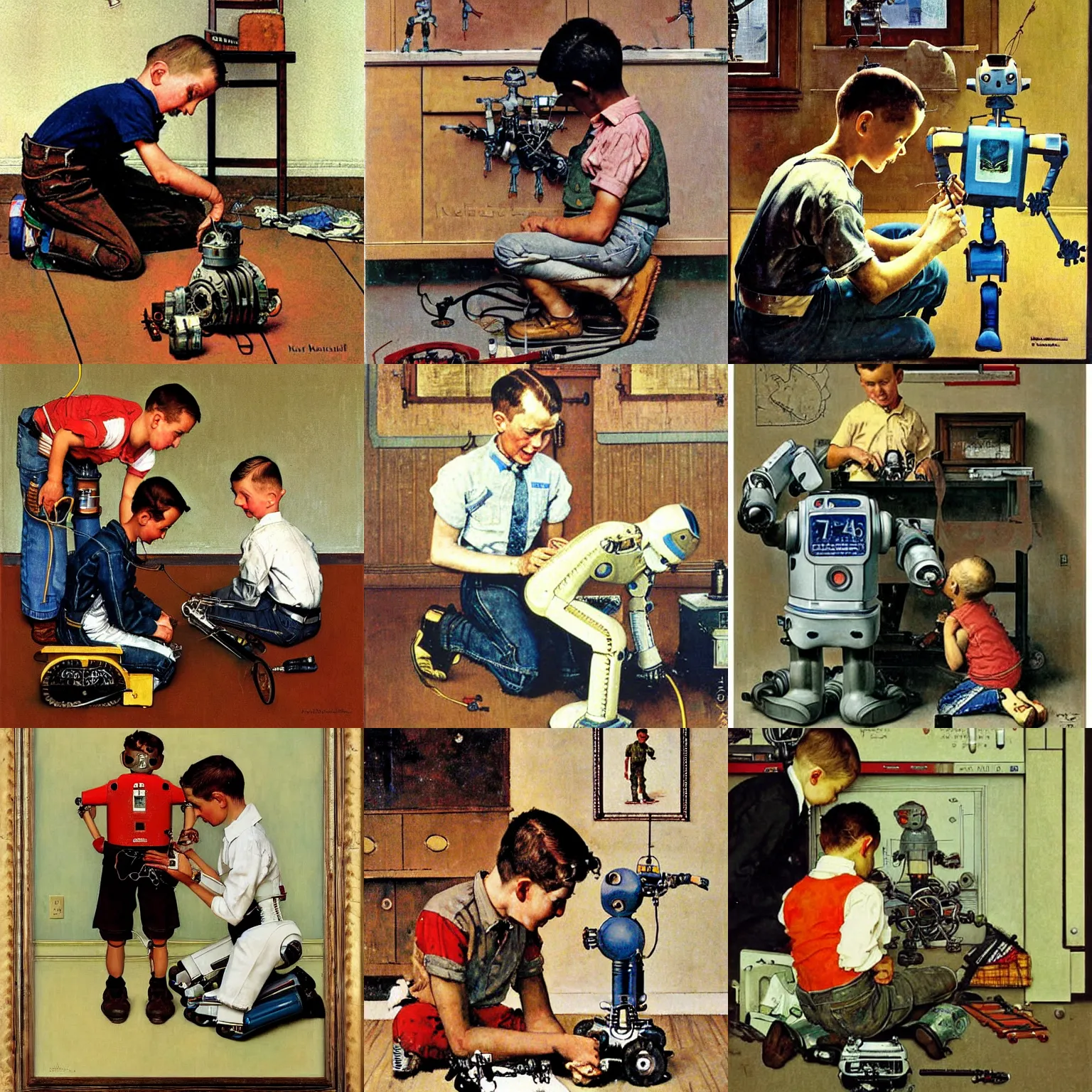 Image similar to a boy fixing his robot, painting by Norman Rockwell,