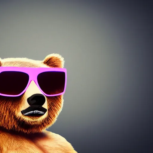 Prompt: contemporary photo of a bear wearing sunglasses, black background, neon style lighting