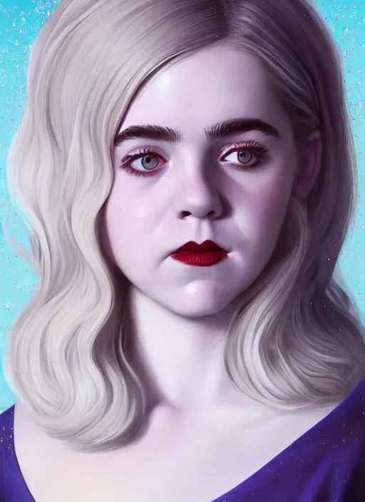 Image similar to full body portrait, kiernan shipka as sabrina spellman, white hair, obese, bangs, sultry, realistic, sultry smirk, fluffy bangs, freckles, fat, belly, intricate, elegant, highly detailed, digital painting, artstation, concept art, smooth, sharp focus, illustration, art by wlop, mars ravelo and greg rutkowski